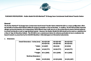 Animal Transfer Station NU-620 Specification