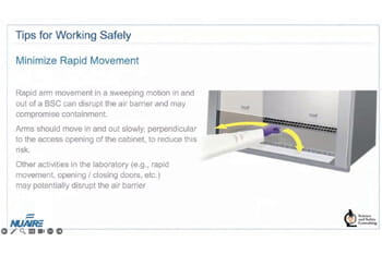 Scientist working in a biosafety cabinet, promoting NuAire’s educational webinar on safe BSC techniques and airflow best practices.