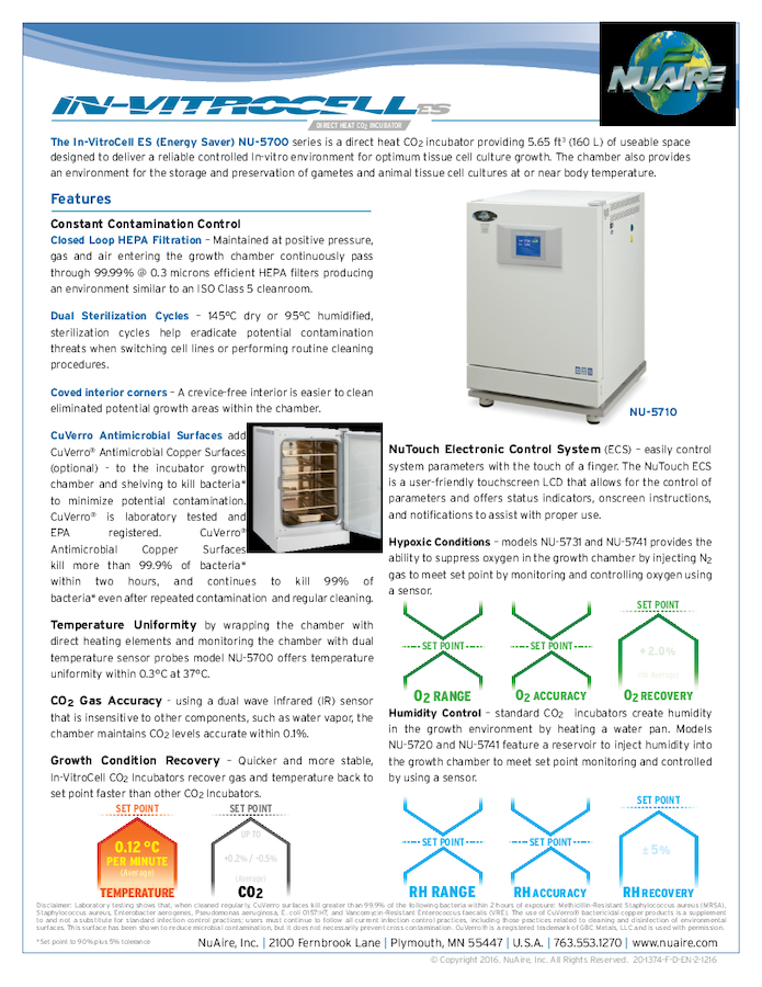 In-VitroCell NU-5700 CO2 Incubator Product Flyer