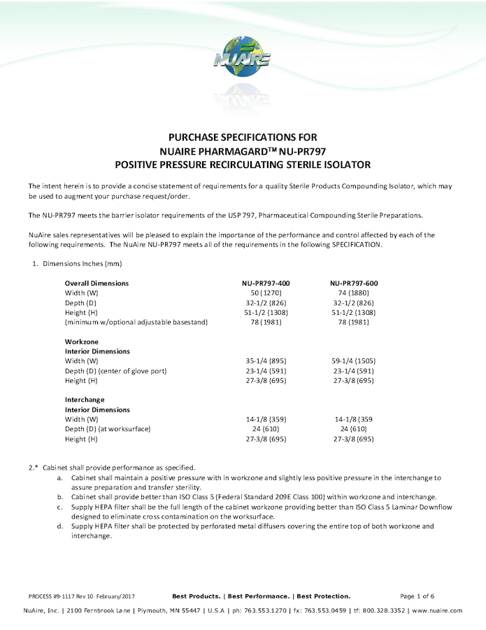 Compounding Aseptic Isolator NU-PR797 (115V) Specification