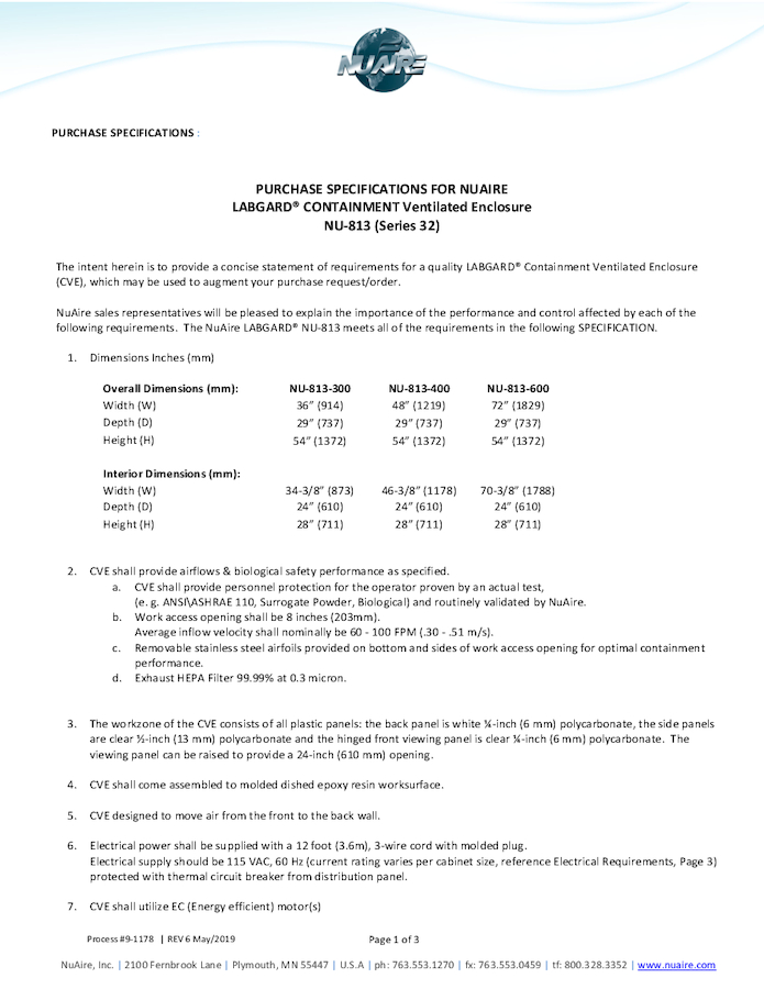 Class I Containment Ventilated Enclosure NU-813 (115V) Specification