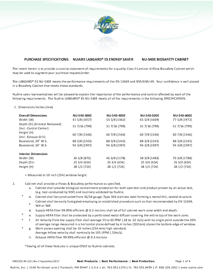 Class II, Type A2 Biosafety Cabinet NU-540E (230V)