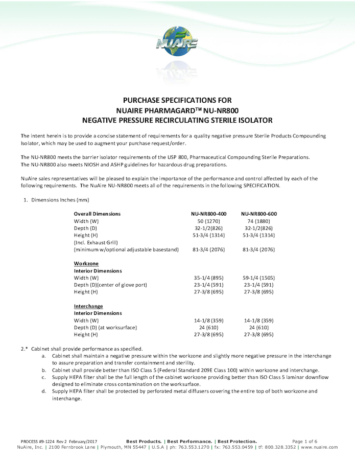 Compounding Aseptic Containment Isolator NU-NR800 (115V)