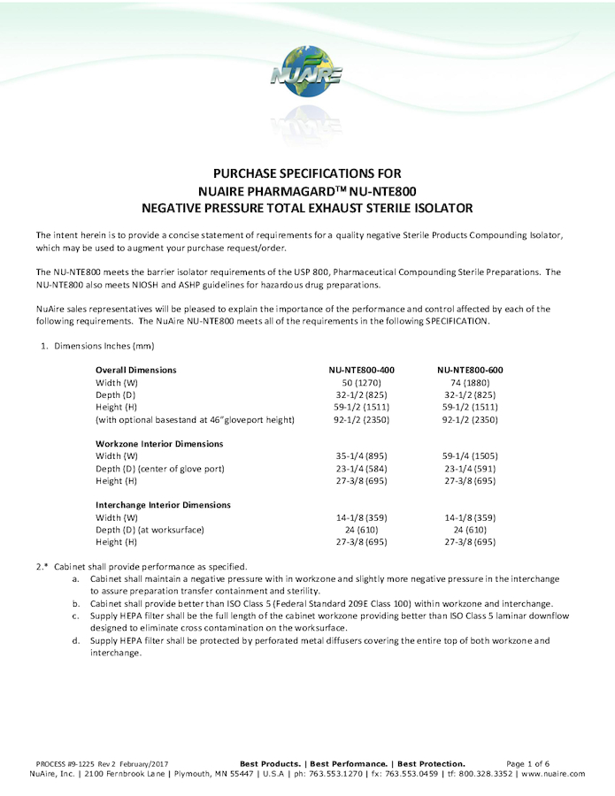 Compounding Aseptic Containment Isolator NU-NTE800 (115V)