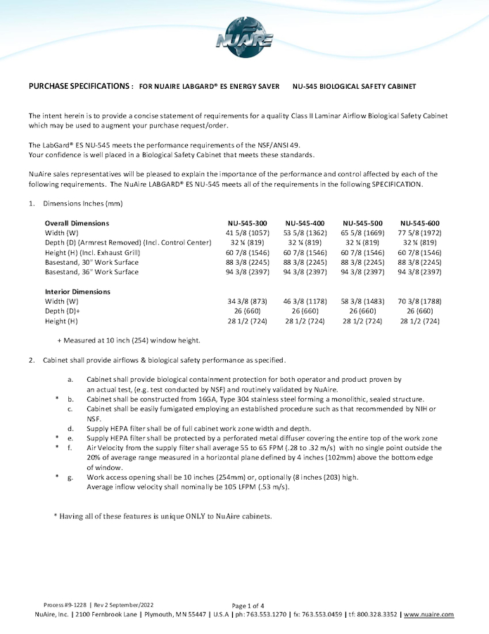 NU-545 Class II, Type A2 Biosafety Cabinet Specification (115V)