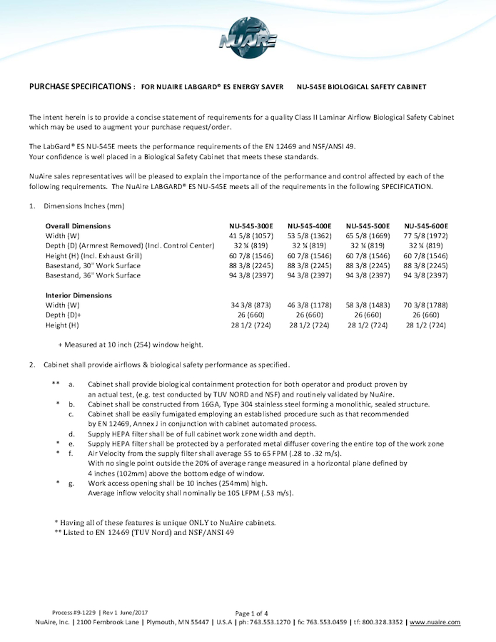 Class II, Type A2 Biosafety Cabinet NU-545E (230V)