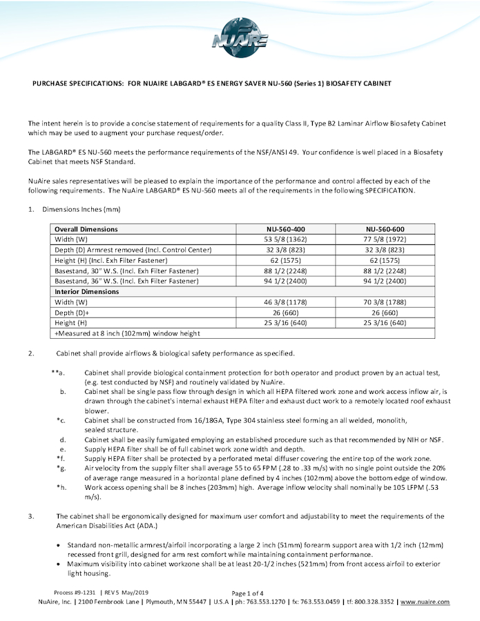 Class II, Type B2 Biosafety Cabinet NU-560 (115V)