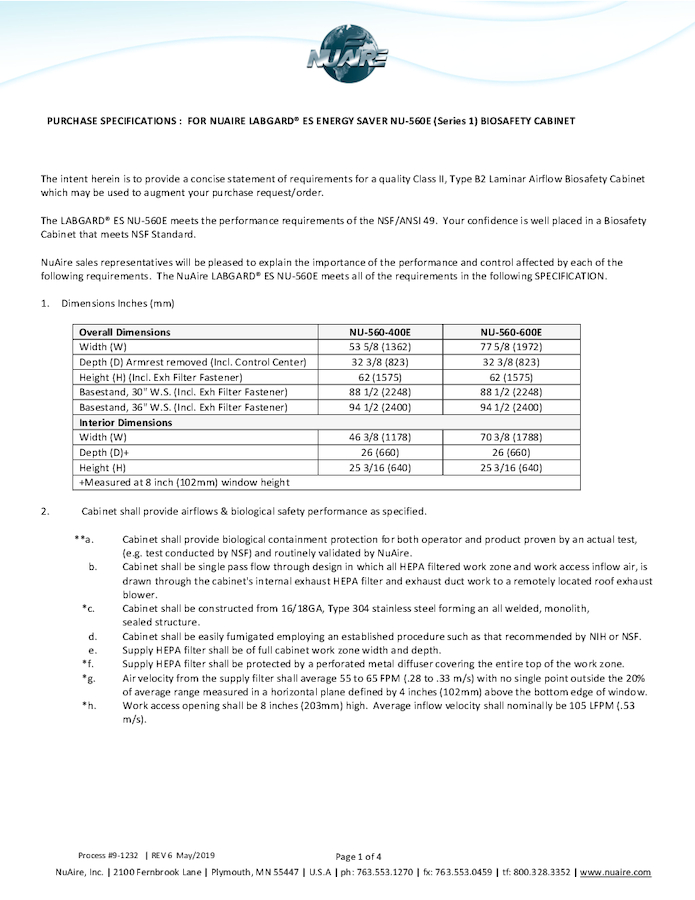 Class II, Type B2 Biosafety Cabinet NU-560E (230V)