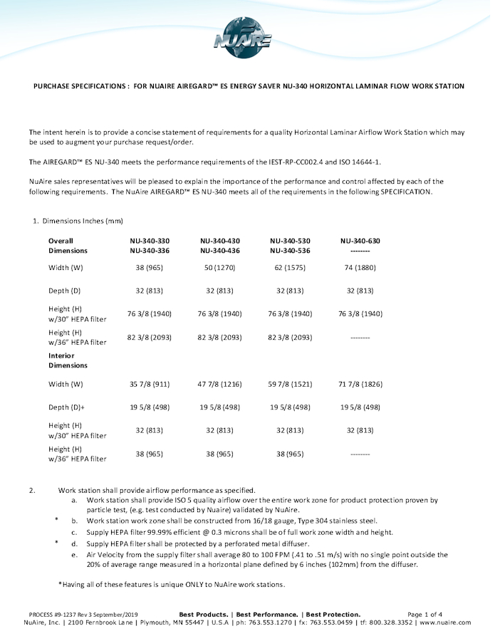 Laminar Airflow Workstation Horizontal NU-340 (115V)