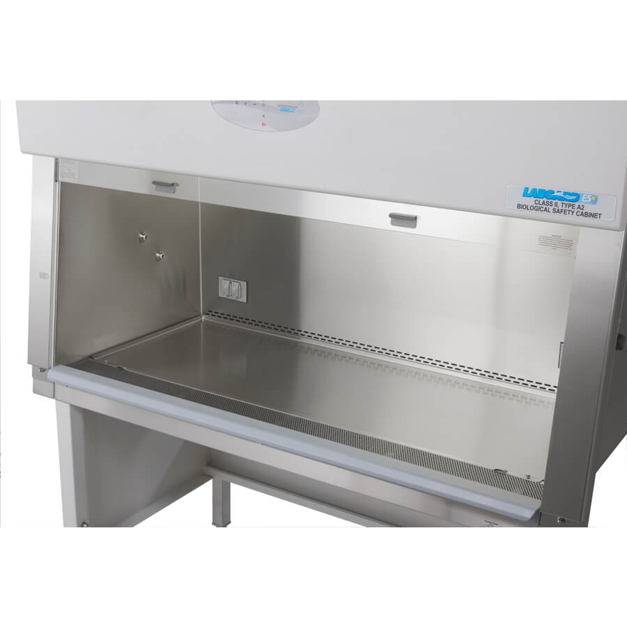 Class II Biosafety Cabinet recessed larger interior work zone and shorter reach into safe working area for improved BSC ergonomics.
