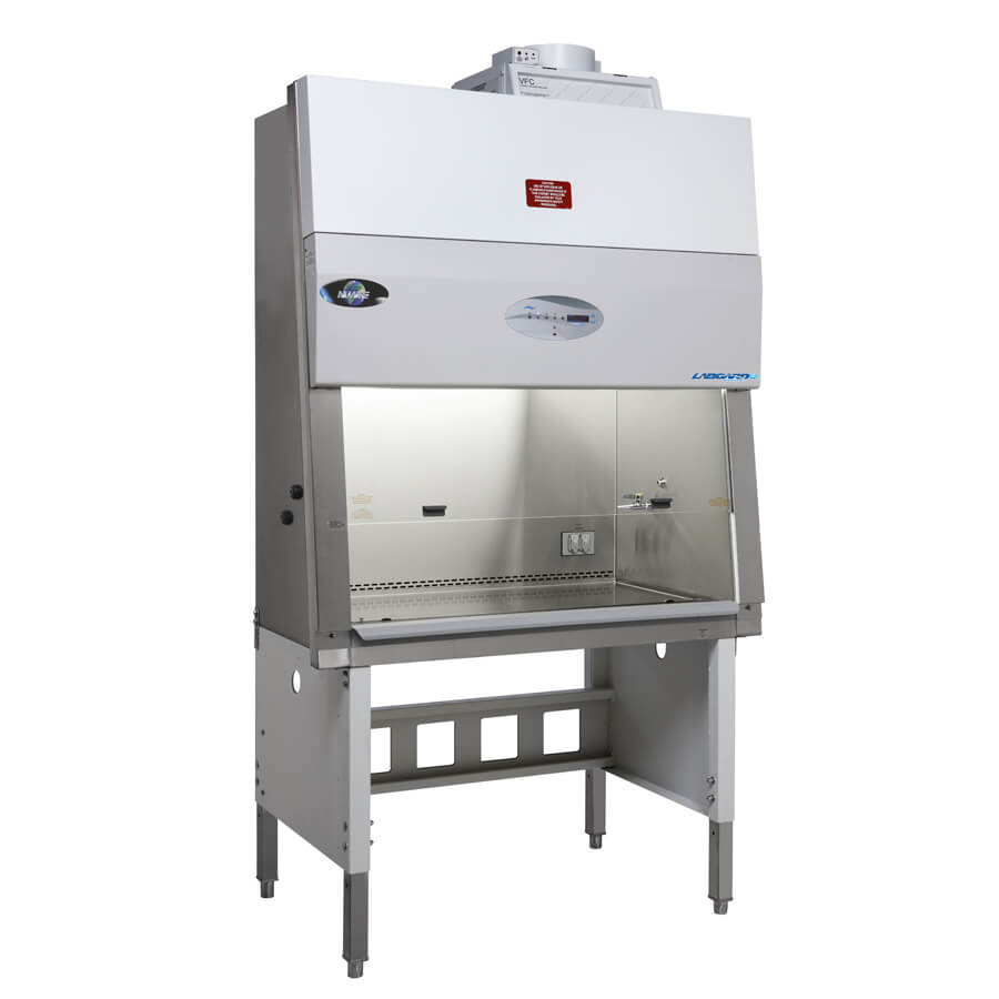 LabGard NU-543 Class II, Type A2 Biosafety Cabinet with accessories telescoping base stand with leg levelers and exhaust transition.