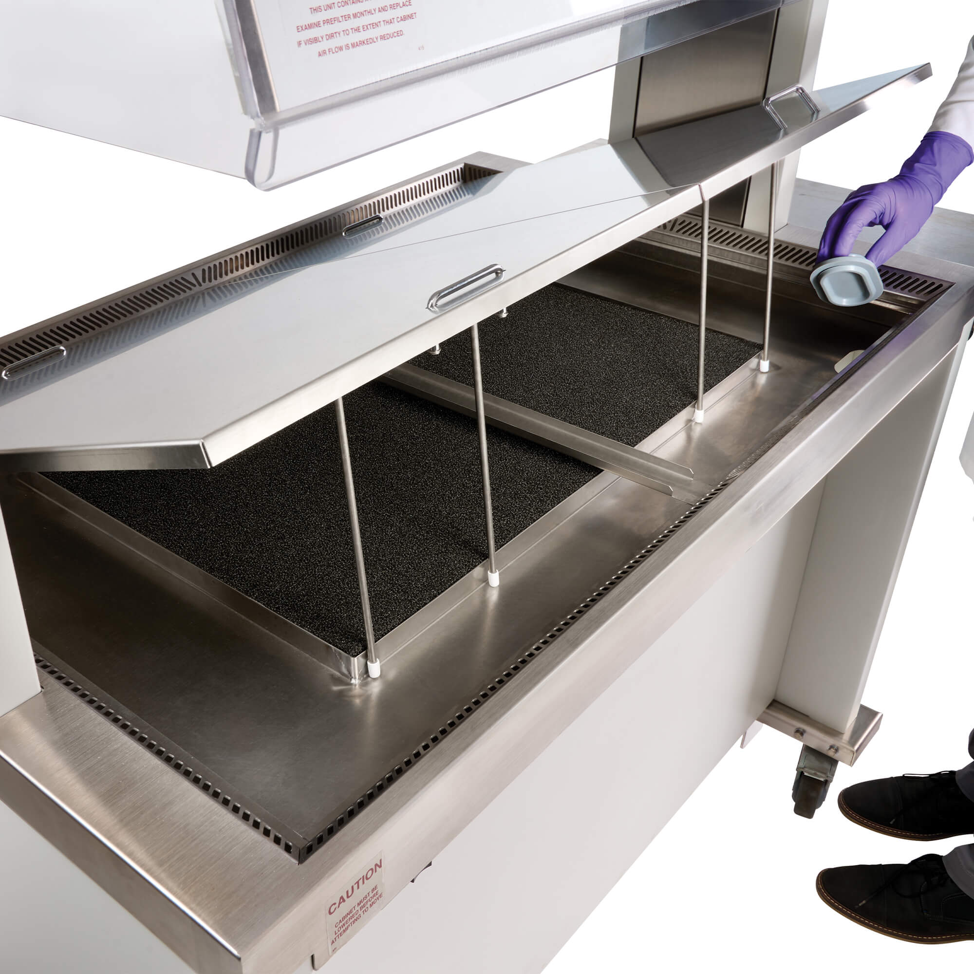 NU-622 Animal Transfer Station open plenum with accessible pre-filters for cleaning and maintenance