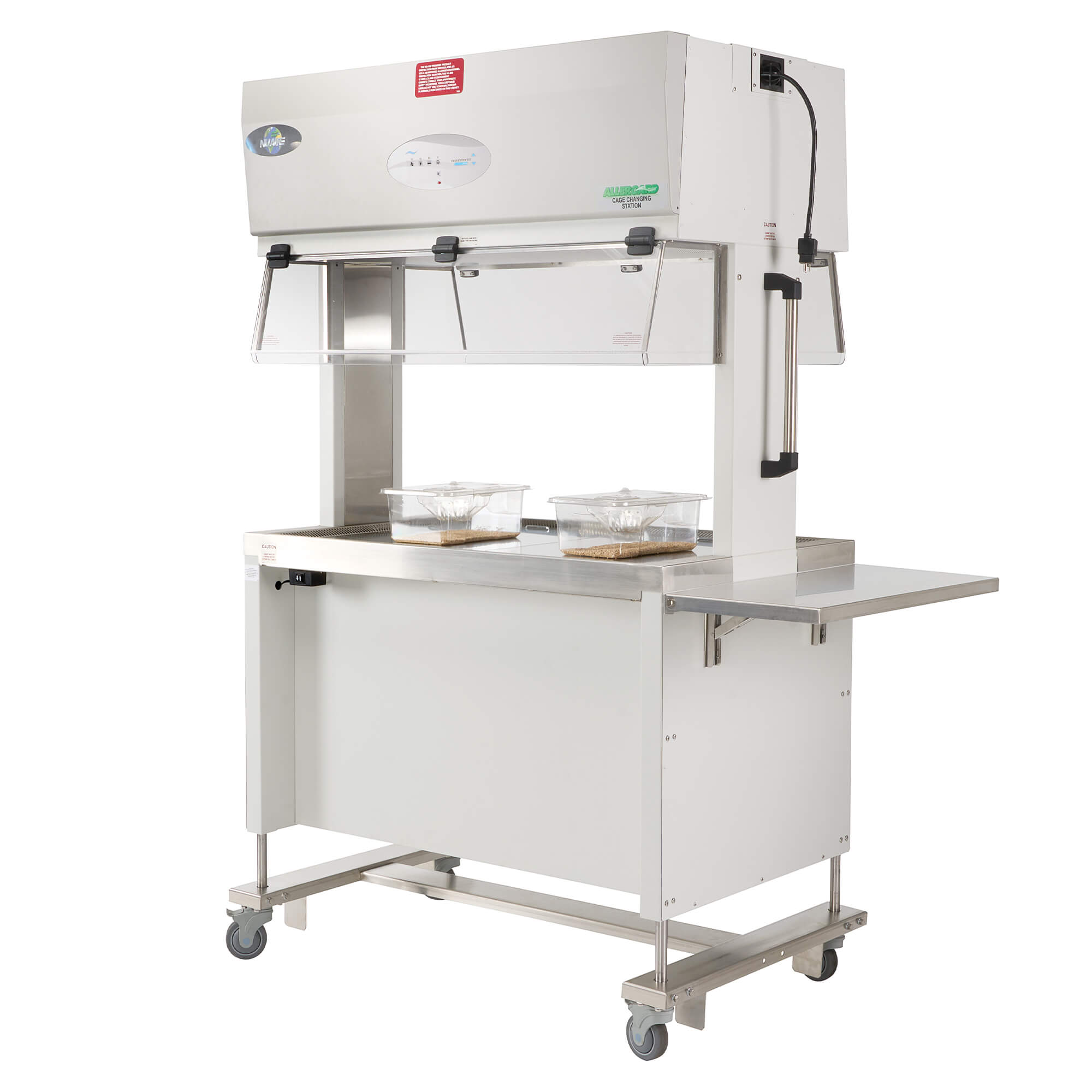 NU-622 Animal Transfer Station in use with animal cages on stainless steel work surface, right-side view