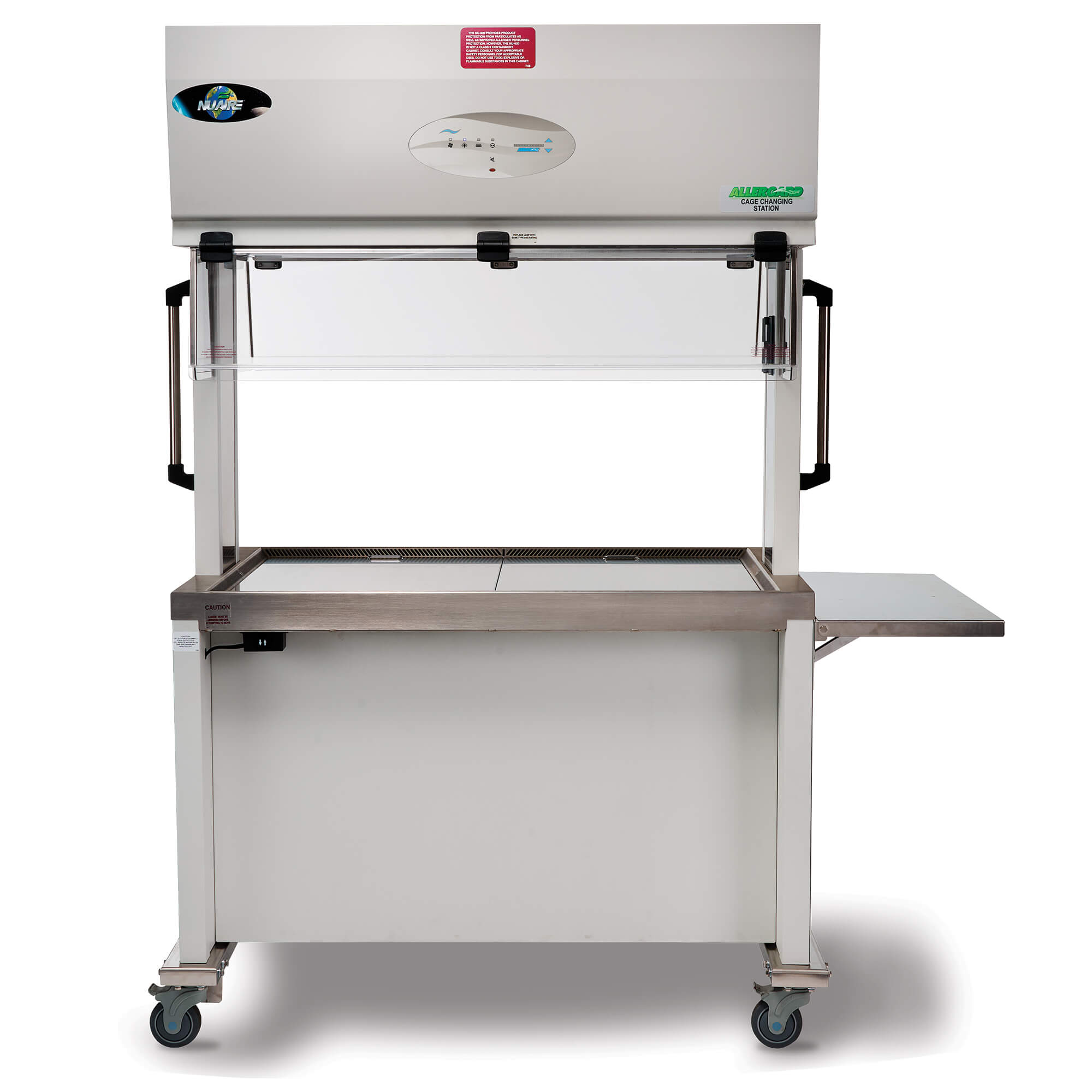 Front view of NuAire NU-622 Dual-Sided Animal Transfer Station with transparent sash and stainless work zone