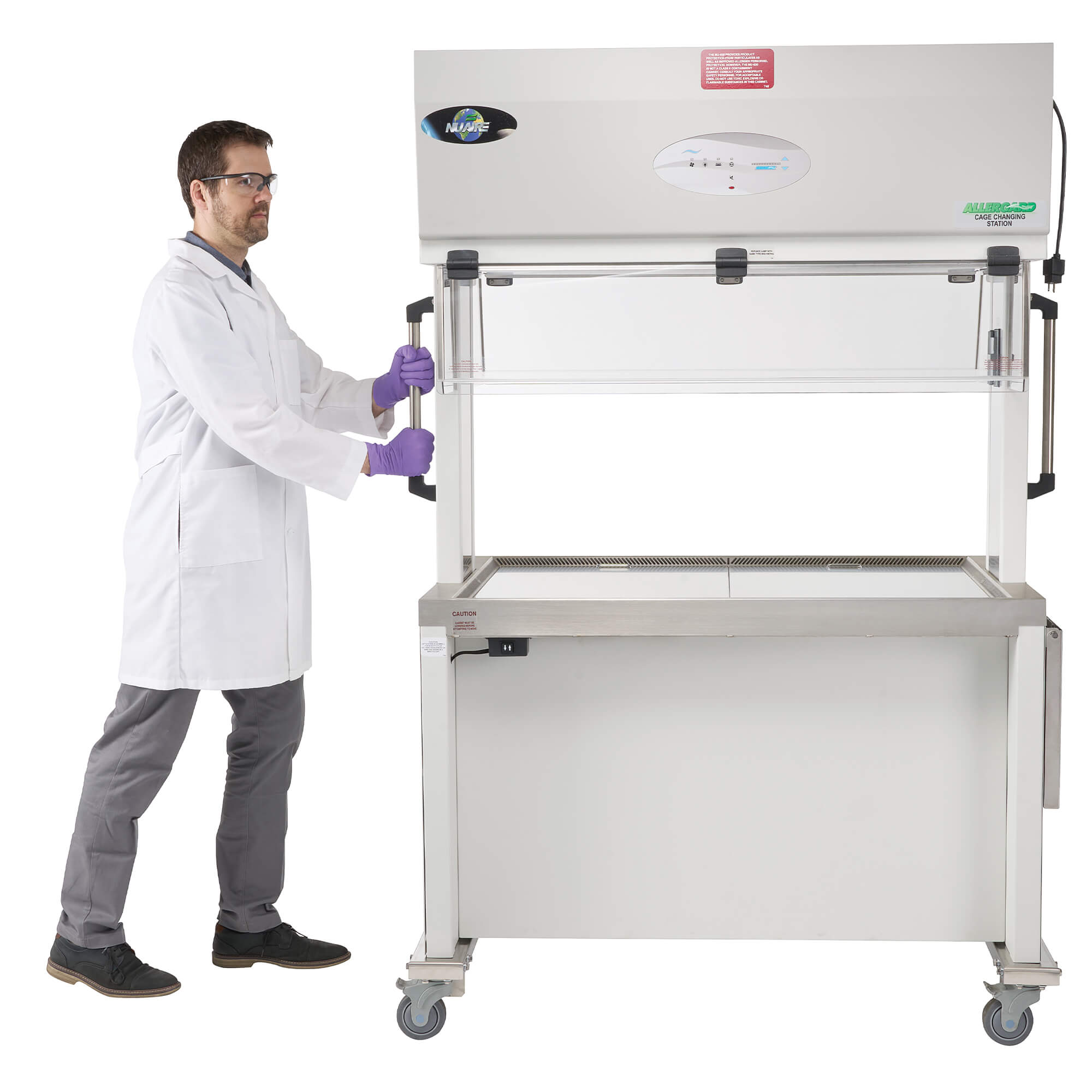 Lab technician maneuvering NuAire AllerGard NU-622 animal transfer station using ergonomic side handles and caster wheels