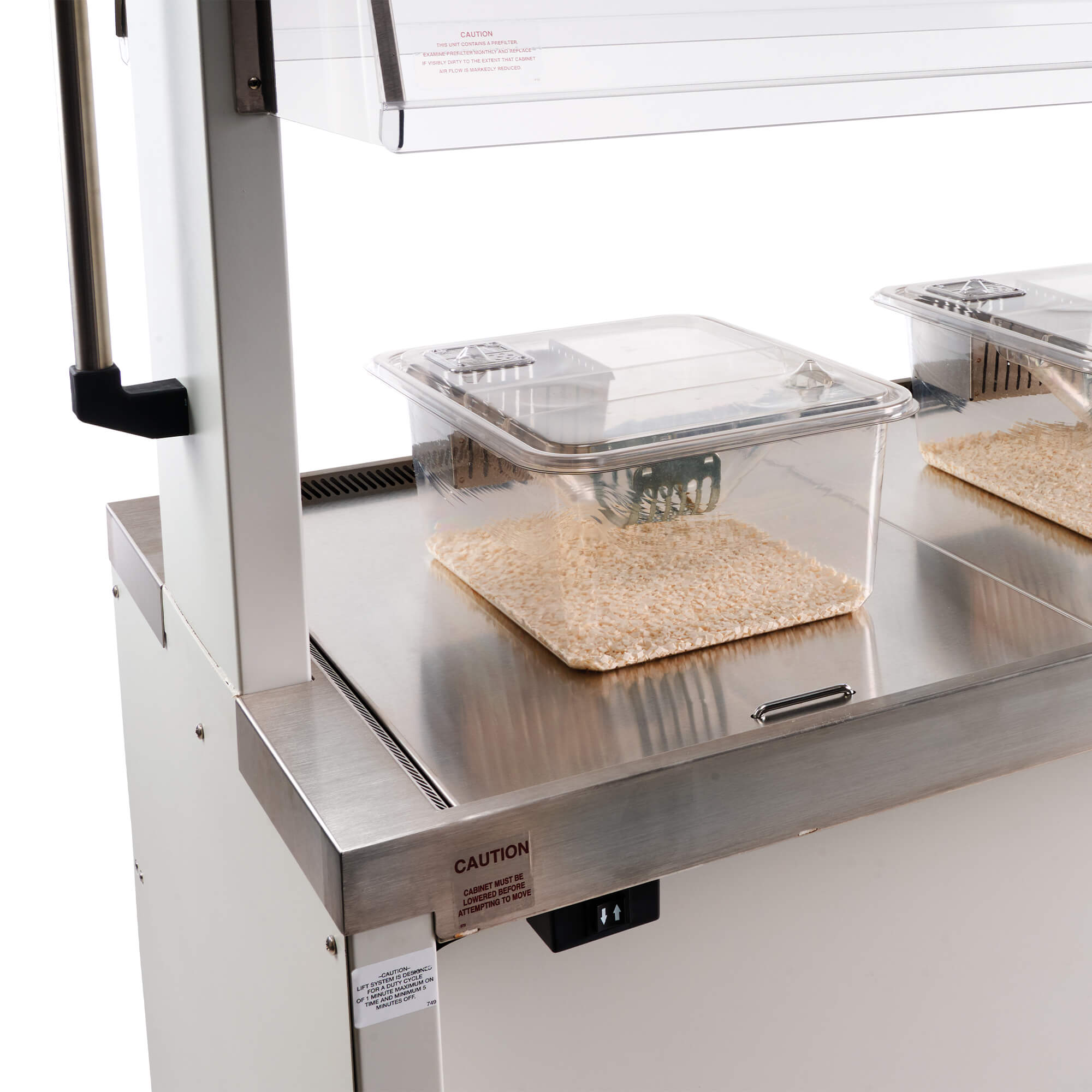 NU-622 stainless steel work surface with animal cage in position under HEPA-filtered airflow
