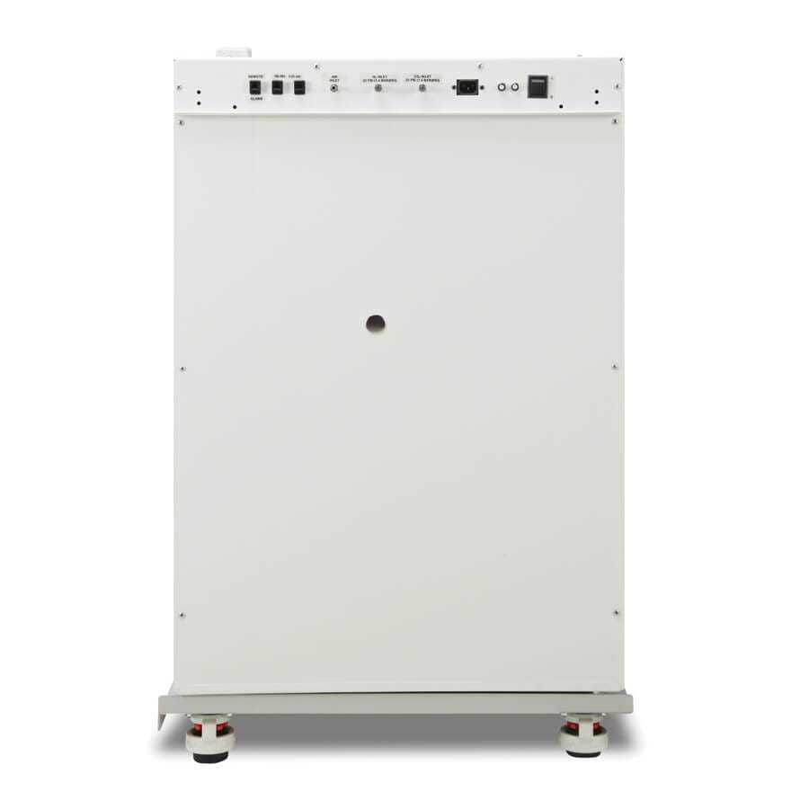 Back of water jacket co2 incubator on castered platform features a power switch, breaker switches, power cord, CO2 inlet, N2 inlet (option), air inlet, and remote connections.