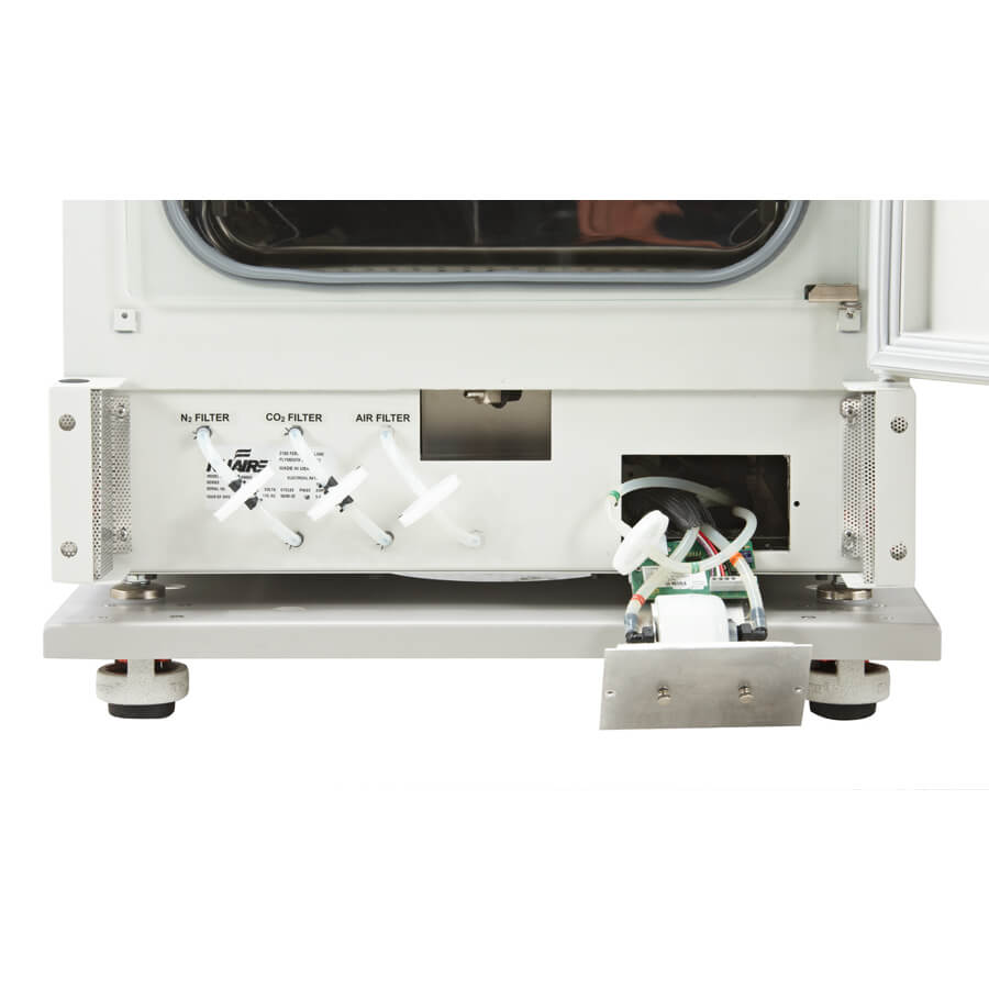 Water jacket CO2 incubator easy filter access for air, co2, n2 (option), and capsule bay filter.