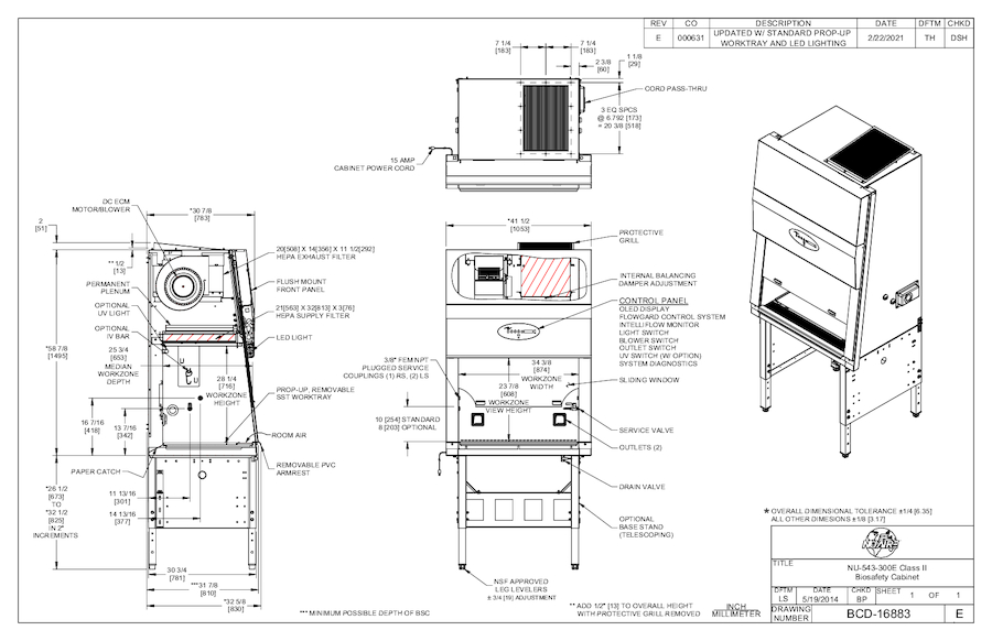 NU-543-300E 230-Volt Biosafety Cabinet Spec Drawing