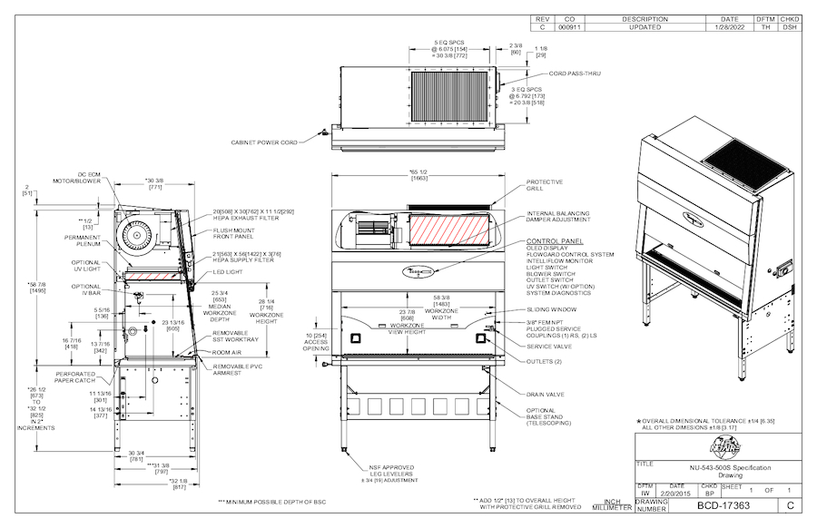 NU-543-500S Class II, Type A2 Biosafety Cabinet Cut Sheet