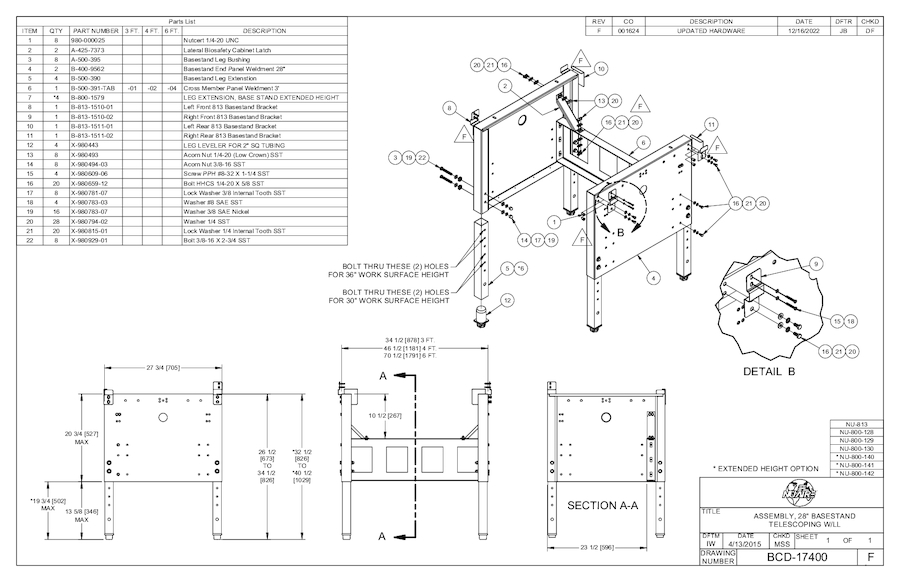 NU-800 Leg Leveler Telescoping Base Stand Cut Sheet