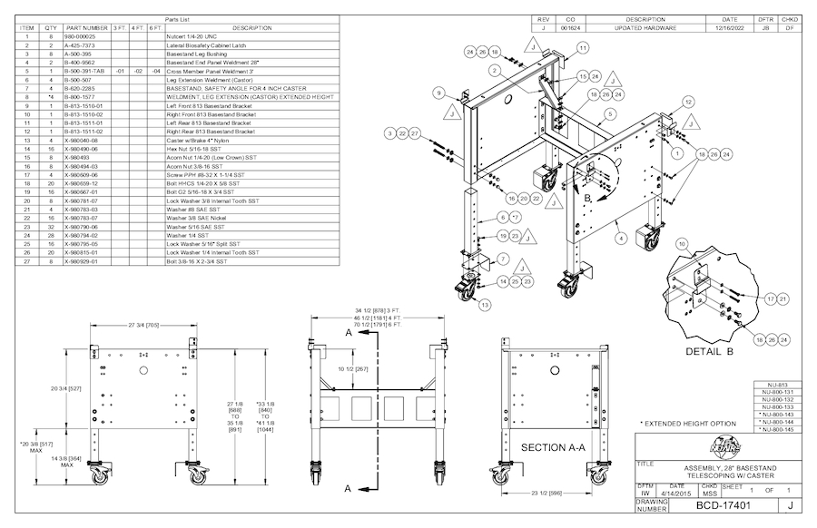 NU-800 Casters Telescoping Base Stand Cut Sheet