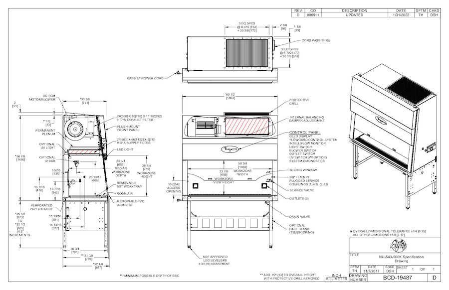NU-543-500K Class II, Type A2 Biosafety Cabinet Cut Sheet