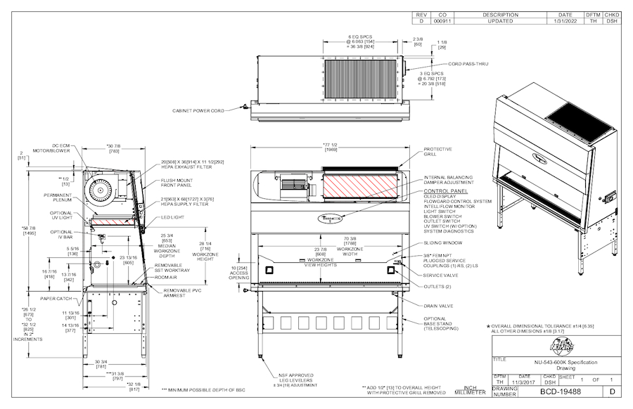 NU-543-600K Class II, Type A2 Biosafety Cabinet Cut Sheet