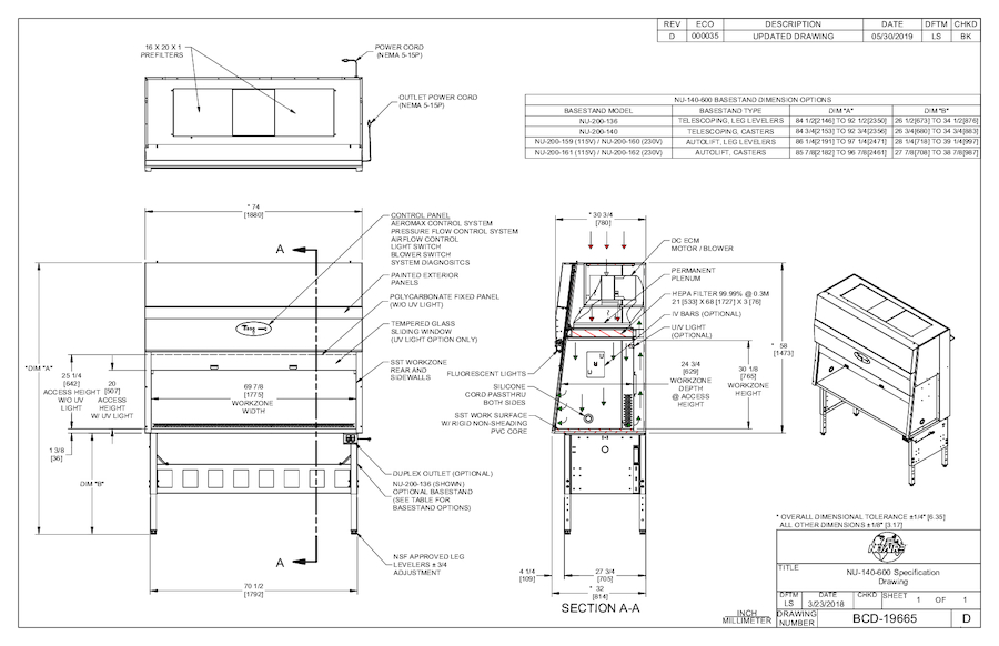 NU-140-630 Laminar Airflow Workstation 115V Cut Sheet