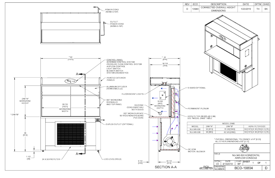 NU-340-530/NU-340-536 Laminar Airflow Workstation 115V Cut Sheet
