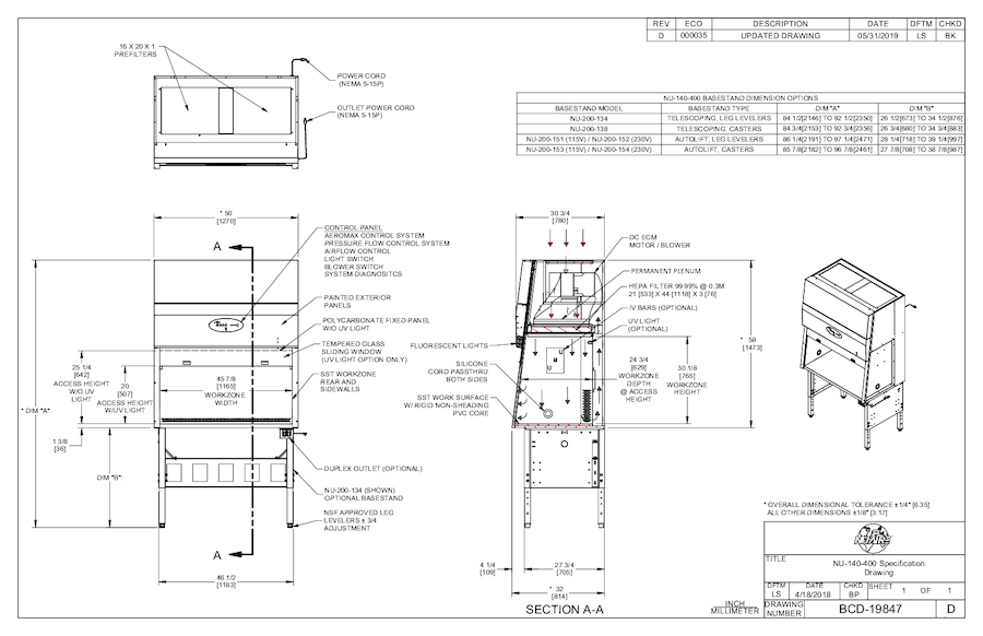 NU-140-430 Laminar Airflow Workstation 115V Cut Sheet