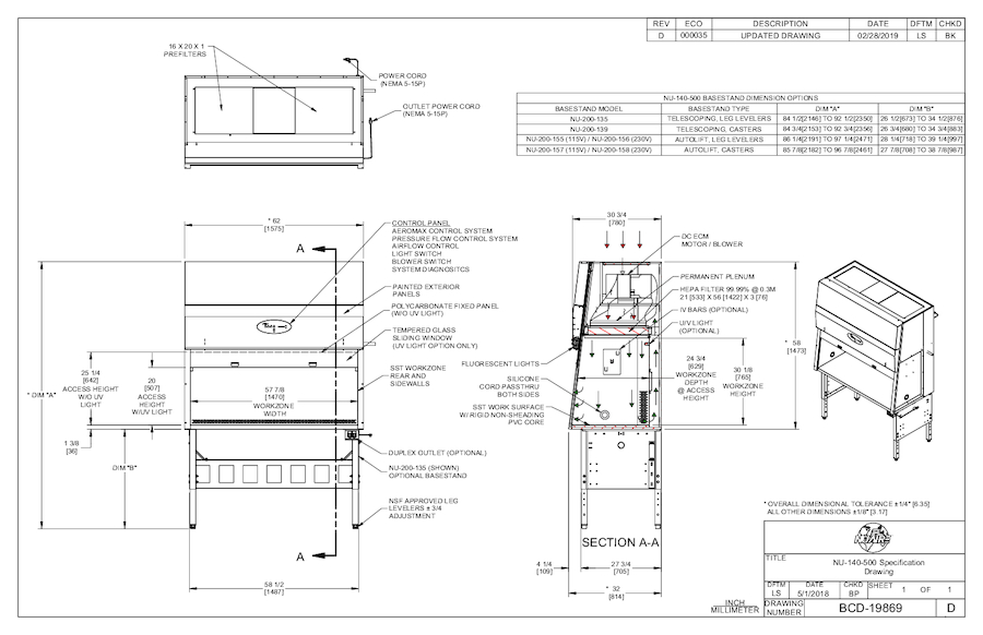 NU-140-530 Laminar Airflow Workstation 115V Cut Sheet