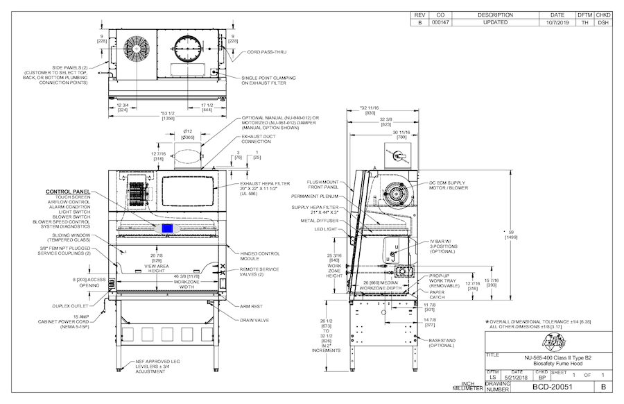NU-565-400 Class II Type B2 Biosafety Fume Hood Drawing