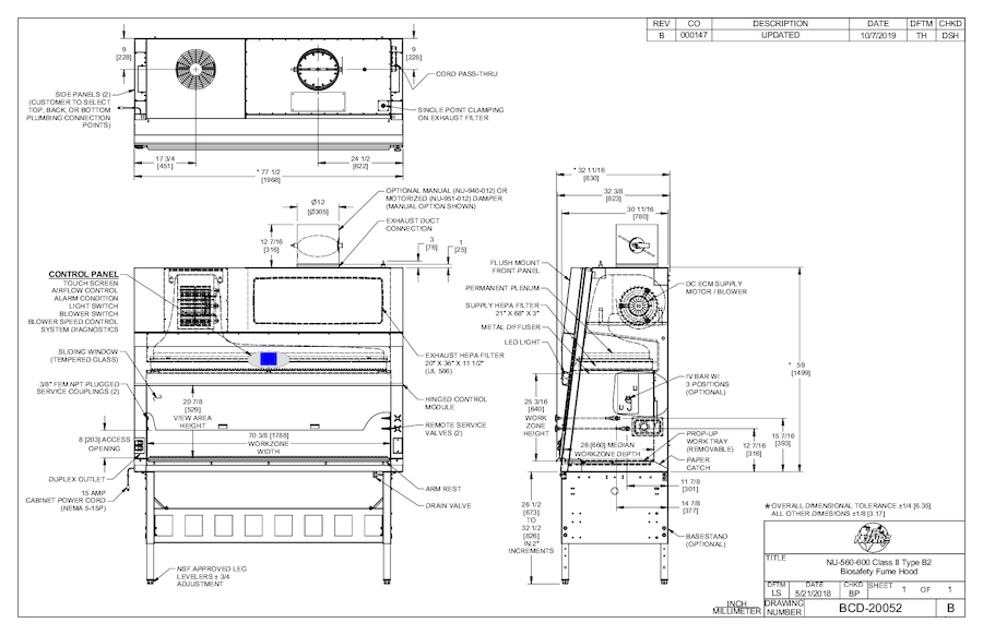 NU-565-600 Class II Type B2 Biosafety Fume Hood Drawing