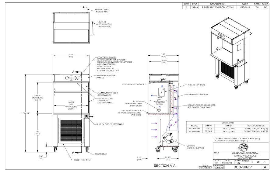 NU-340-330/NU-340-336 Laminar Airflow Workstation Casters 115V Cut Sheet