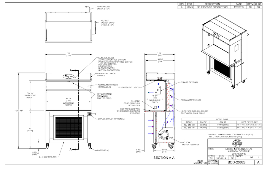 NU-340-430/NU-340-436 Laminar Airflow Workstation Casters 115V Cut Sheet