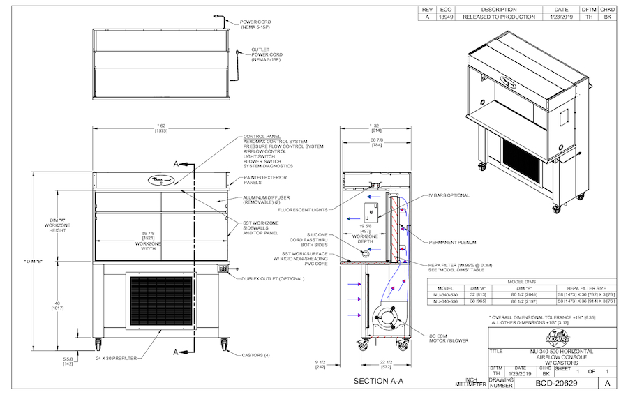 NU-340-530/NU-340-536 Laminar Airflow Workstation Casters 115V Cut Sheet