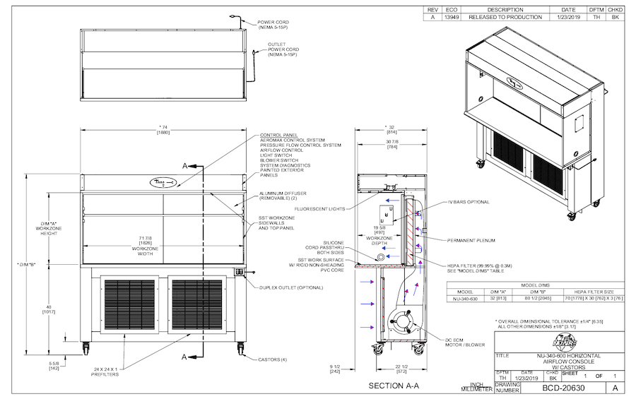 NU-340-630 LAFW Casters 115V Cut Sheet