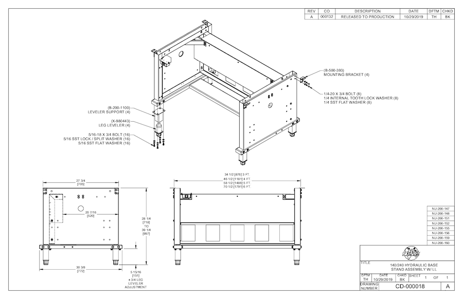 Motorized Base Stand with Leg Levelers Drawing for NU-140 & NU-240