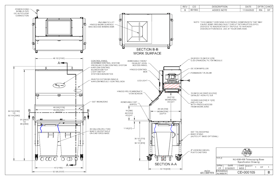 NU-608-400 Animal Refuse Workstation Specification Drawing with Telescoping Base