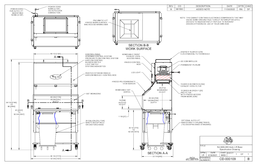 NU-608-400 Animal Refuse Workstation Specification Drawing with Motorized Base Stand
