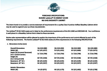 Product Specifications: LabGard NU-543S Class II, Type A2 Biosafety Cabinet