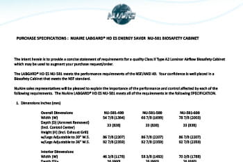 LabGard NU-581 (115V) Class II Biosafety Cabinet Specification