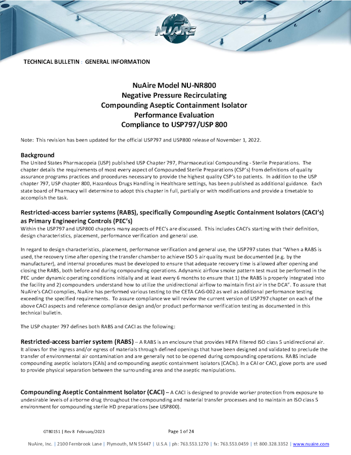 NU-NR800 Performance Evaluation for Compliance to USP797 and USP800