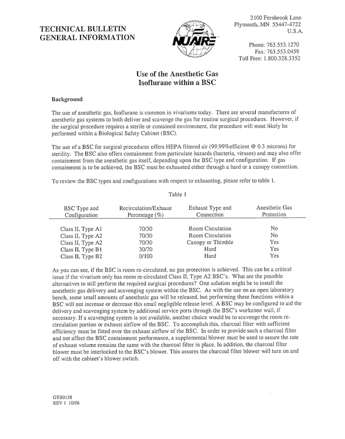 Use of the Anesthetic Gas Isoflurane with a Biosafety Cabinet