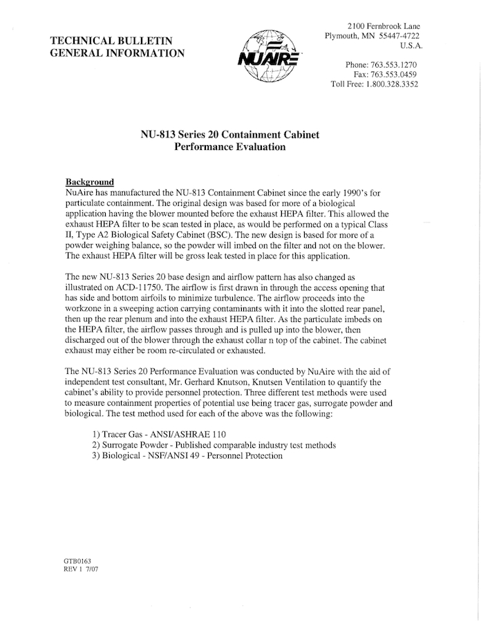 NU-813 Series 20 Containment Cabinet Performance Evaluation