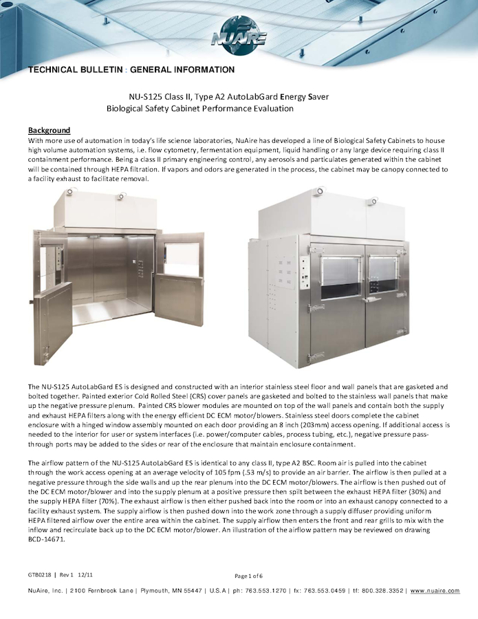 NU-L125 Class II, A2 AutoLabGard Biosafety Cabinet Performance Evaluation
