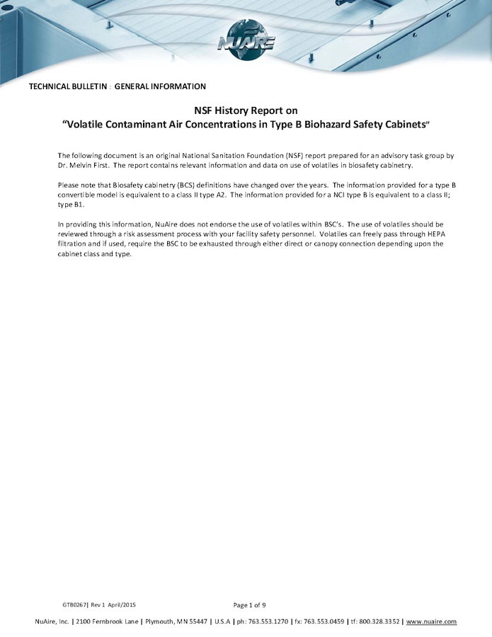 NSF History Report on Volatile Containment Air Concentrations in Type B Biosafety Cabinets