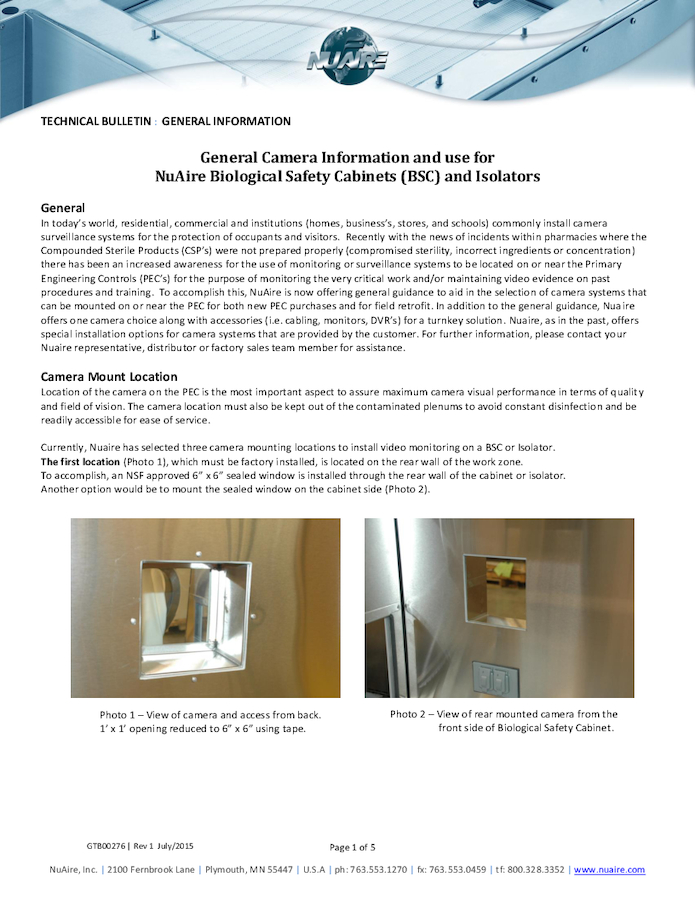 General Camera Information and Use with Isolators and Biosafety Cabinets