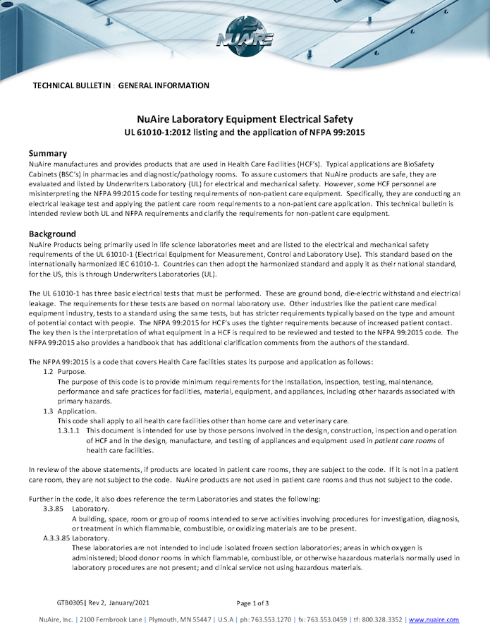 NuAire Lab Equipment Electrical Safety